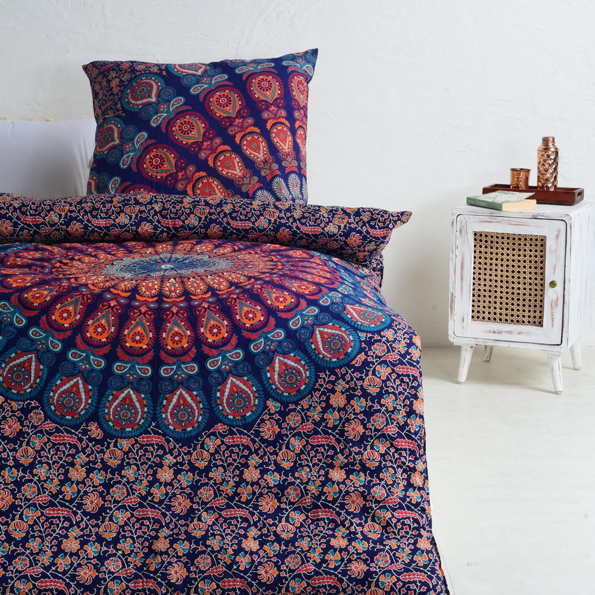 Mandala Bettwäsche mit Pfauenfeder Muster in blau orange türkis - Einzelbett ca. 135x220 cm