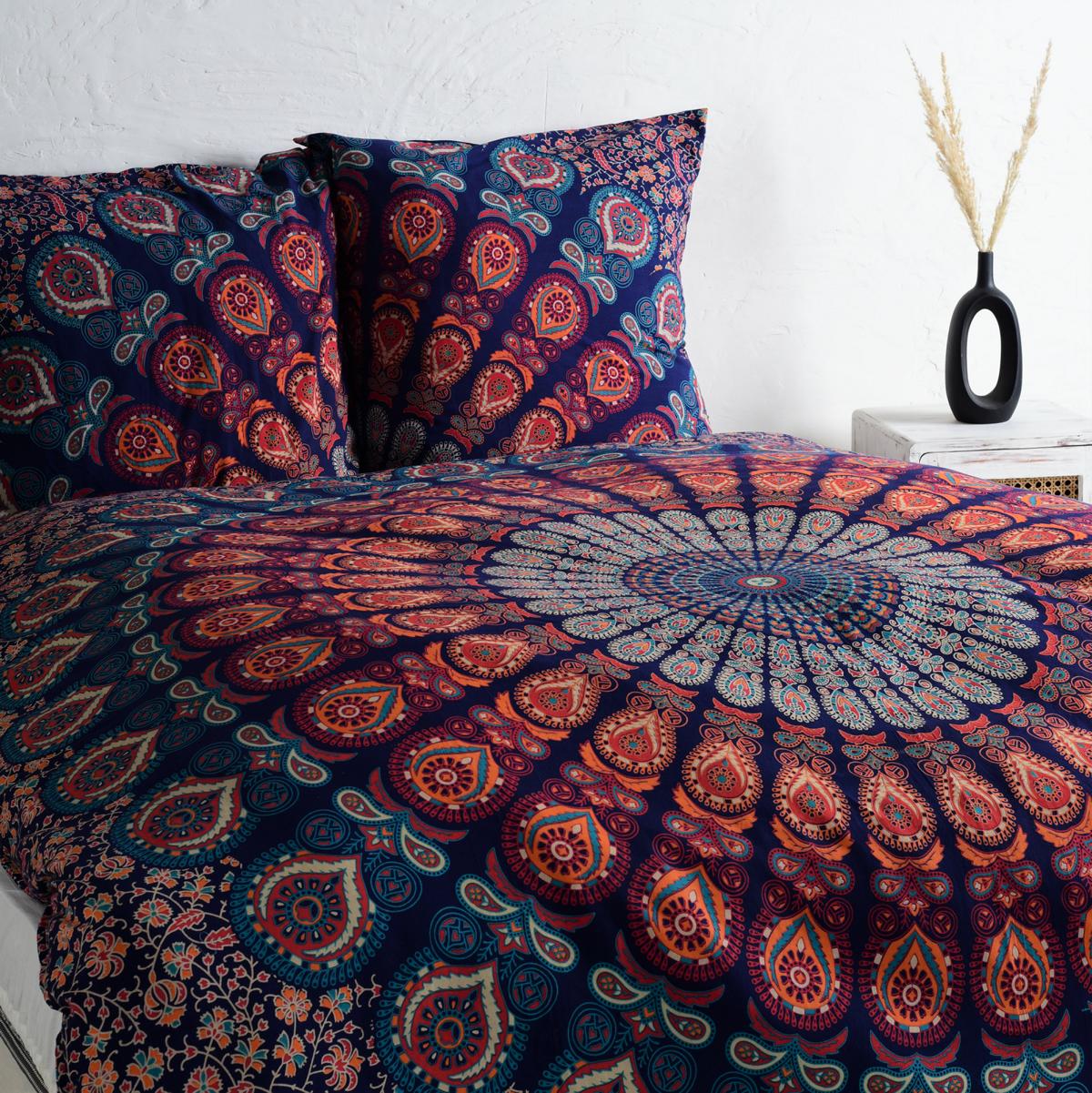 Mandala Bettwäsche mit Pfauenfeder Muster in blau orange türkis - Doppelbett ca. 200x220 cm