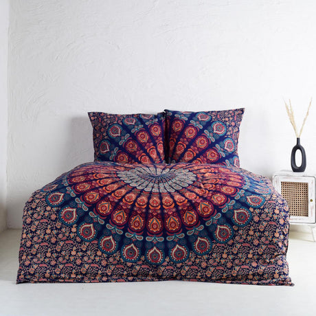 Mandala Bettwäsche mit Pfauenfeder Muster in blau orange türkis - Doppelbett ca. 200x220 cm