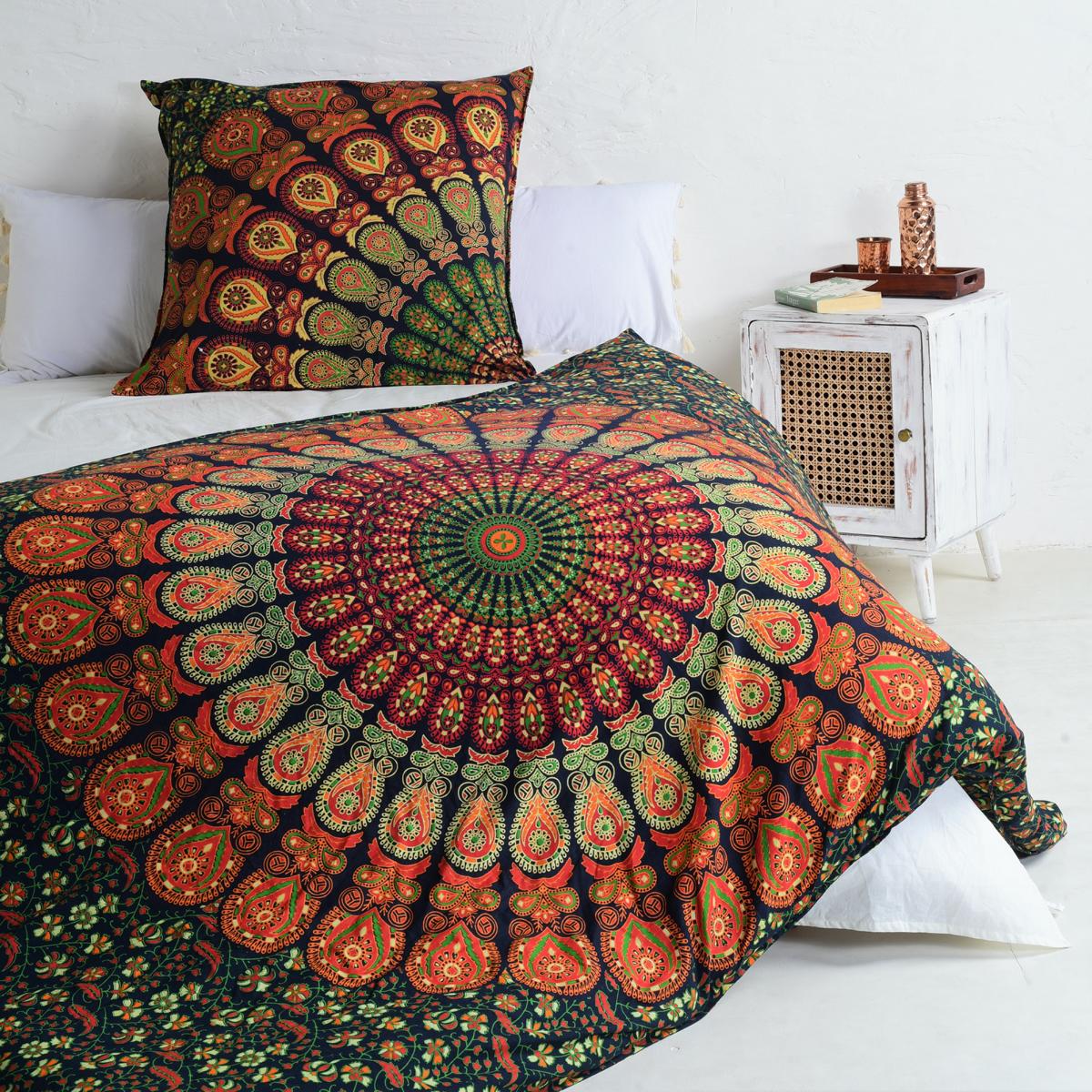 Bettwäsche Pfauenfeder Mandala grün orange