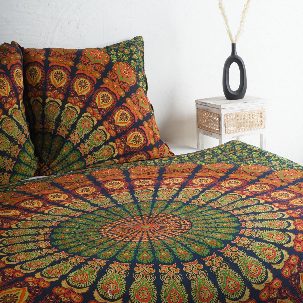 Bettwäsche Pfauenfeder Mandala grün orange