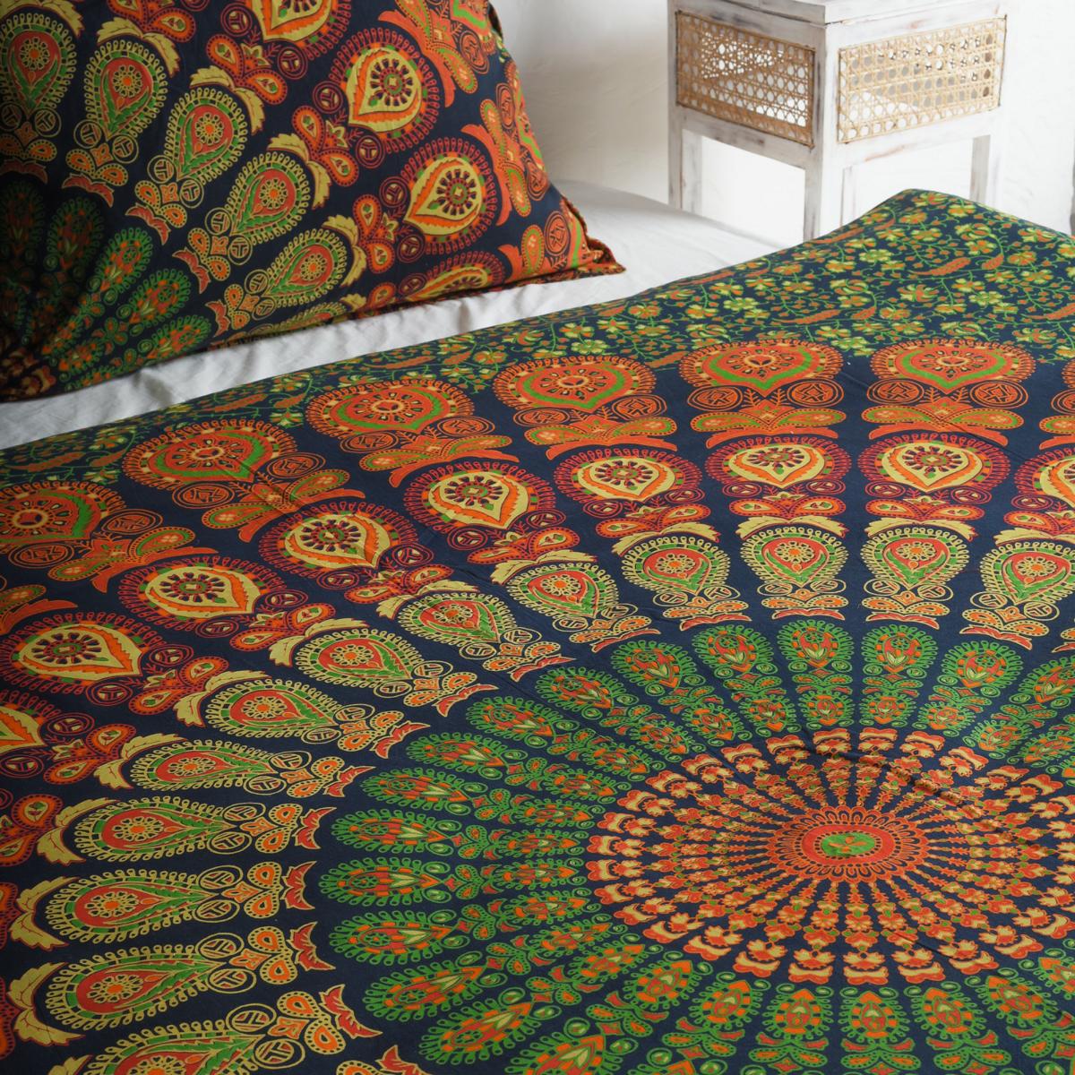 Bettwäsche Pfauenfeder Mandala grün orange