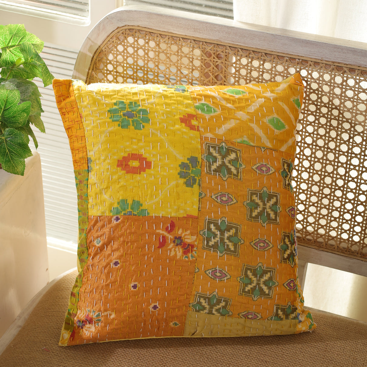 Kissen Patchwork Gelb Sari Stoff - 40x40 cm