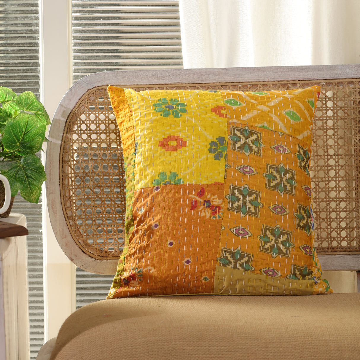 Kissen Patchwork Gelb Sari Stoff - 40x40 cm