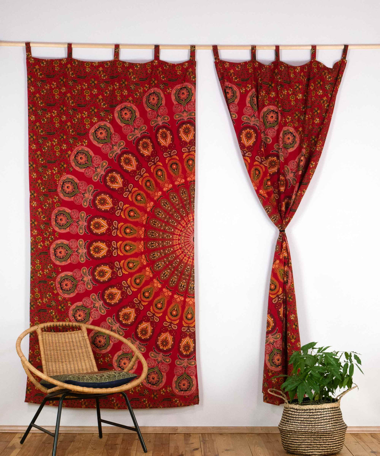 Mandala Vorhang Pfauenfeder rot weiß ca. 230x210 cm Gardine mit Schlaufen