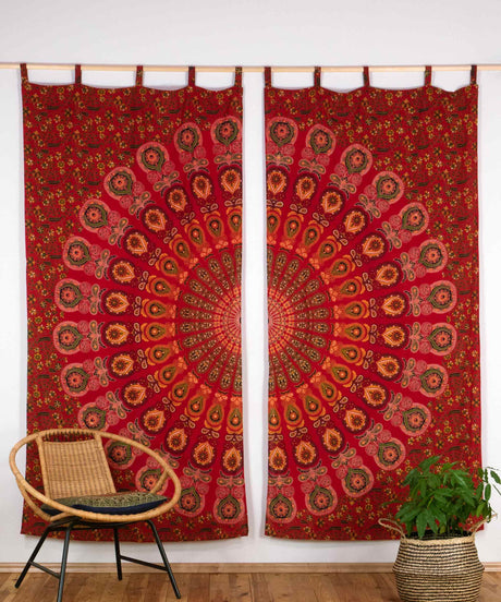 Mandala Vorhang Pfauenfeder rot weiß ca. 230x210 cm Gardine mit Schlaufen