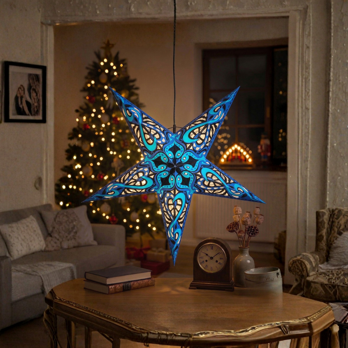 Papierstern Mandala Blau Schwarz
