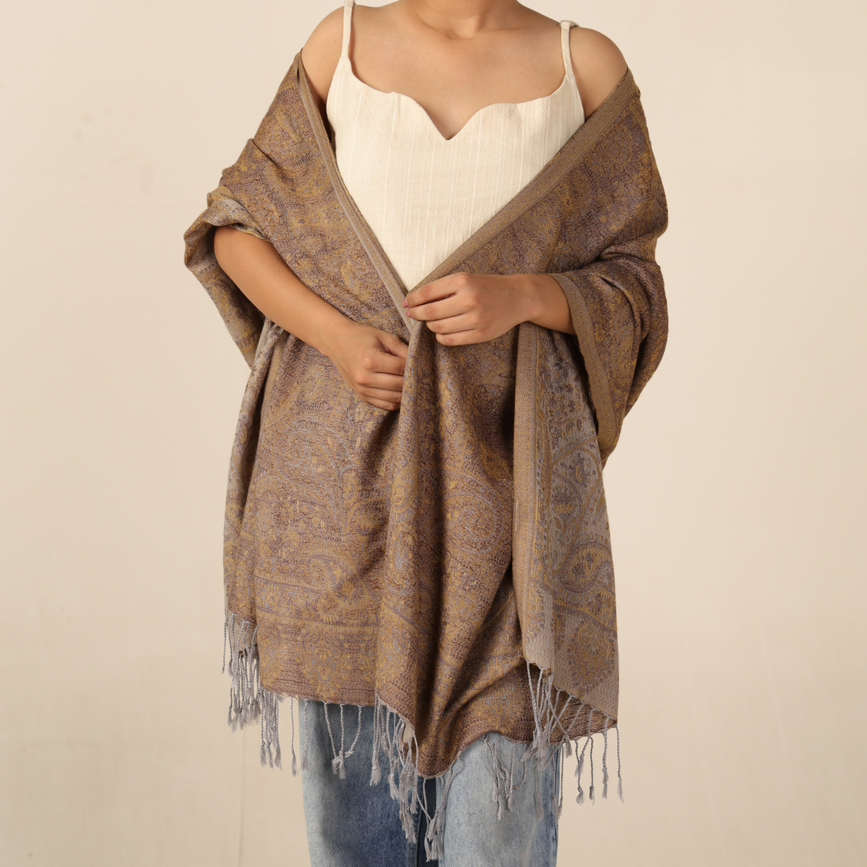 Pashmina Schal braun - Paisley Schal zum umwerfen aus Indien