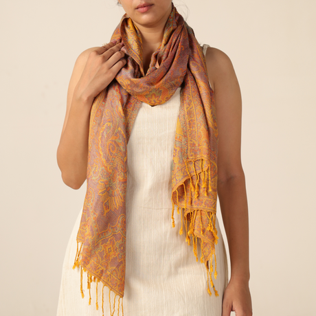 Pashmina-Schal Goldgelb mit feinem Paisley-Muster große Stola