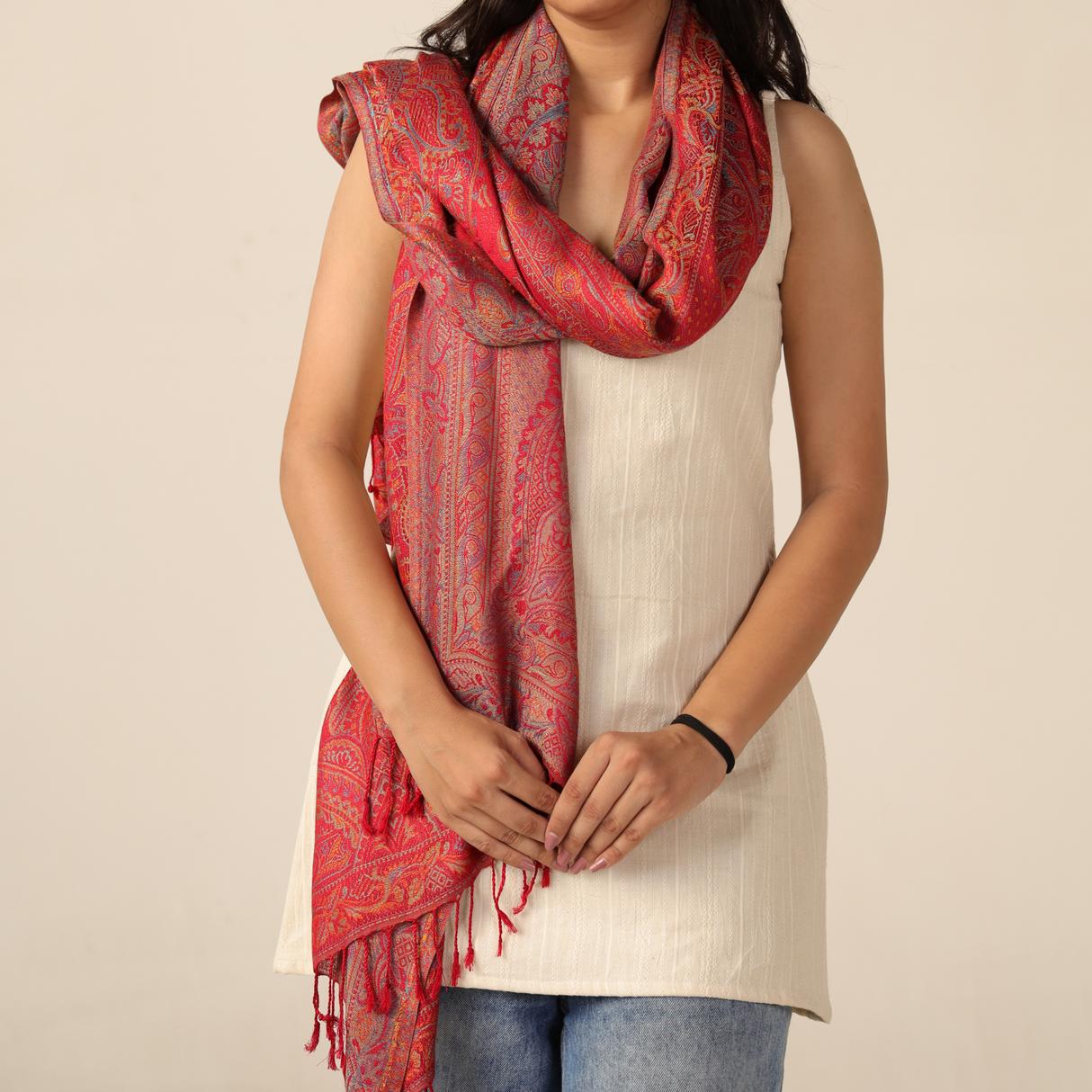 Pashmina Schal rot mit Paisley Muster - weicher Schal aus Indien