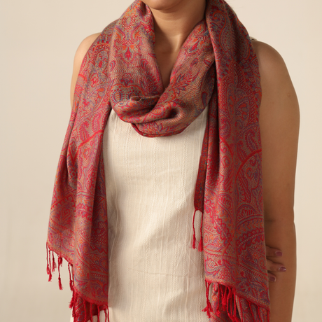 Pashmina Schal rot mit Paisley Muster - weicher Schal aus Indien
