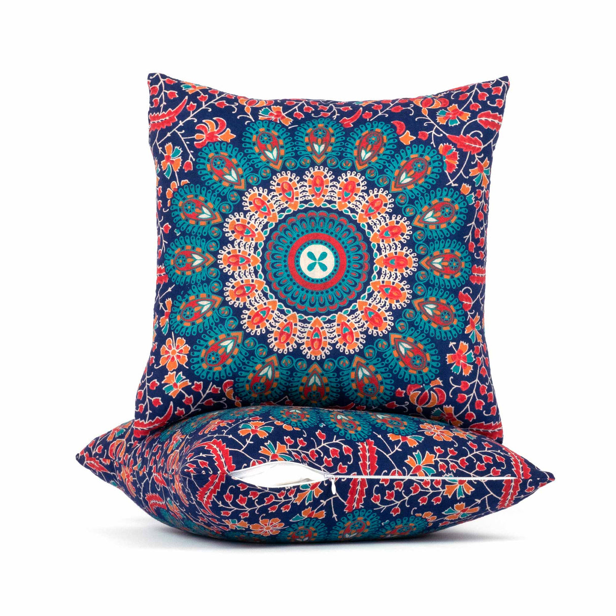 Mandala Kissen in blau, orange und türkis