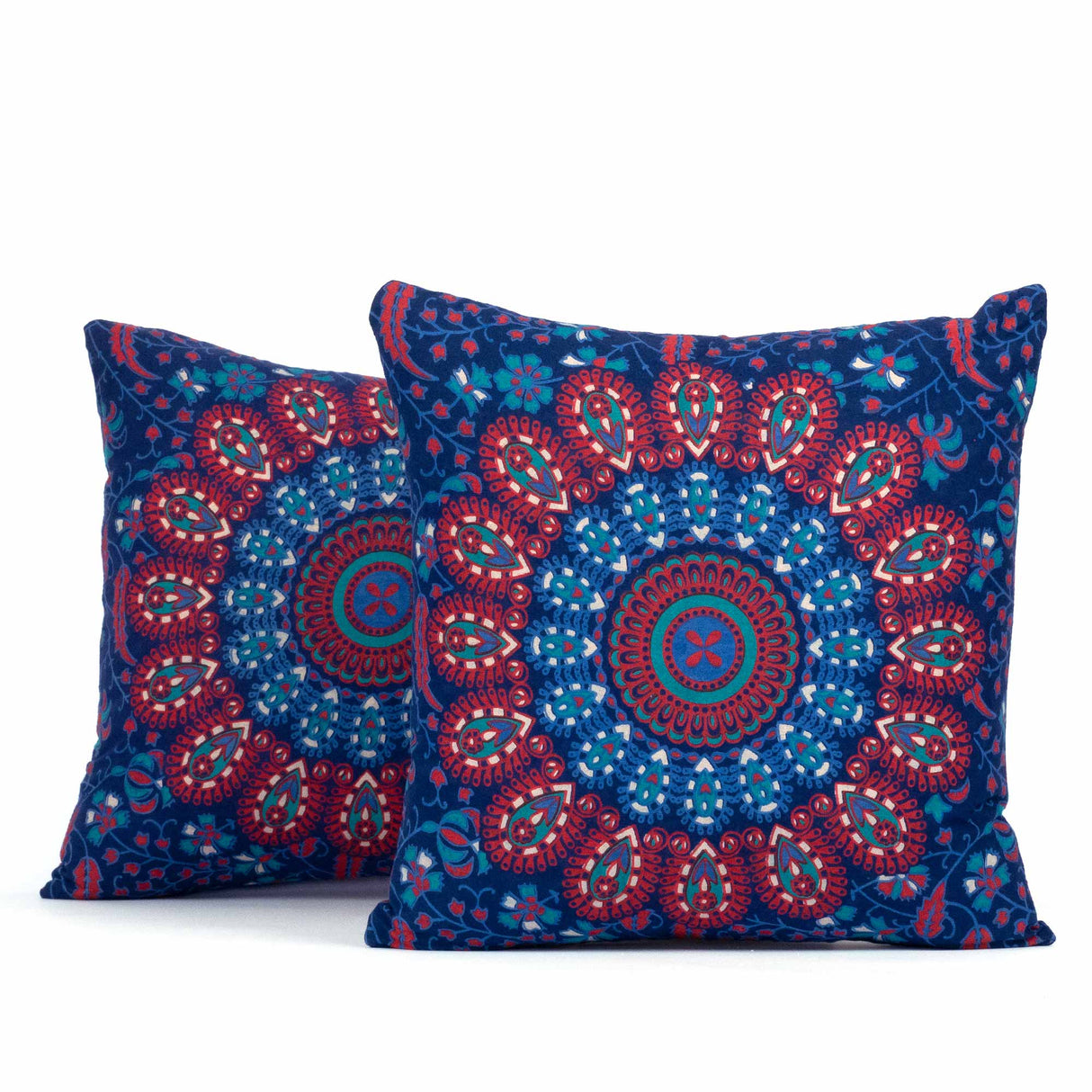 Kissen mit Pfauenfeder Mandala blau rot | 2x 40x40 cm