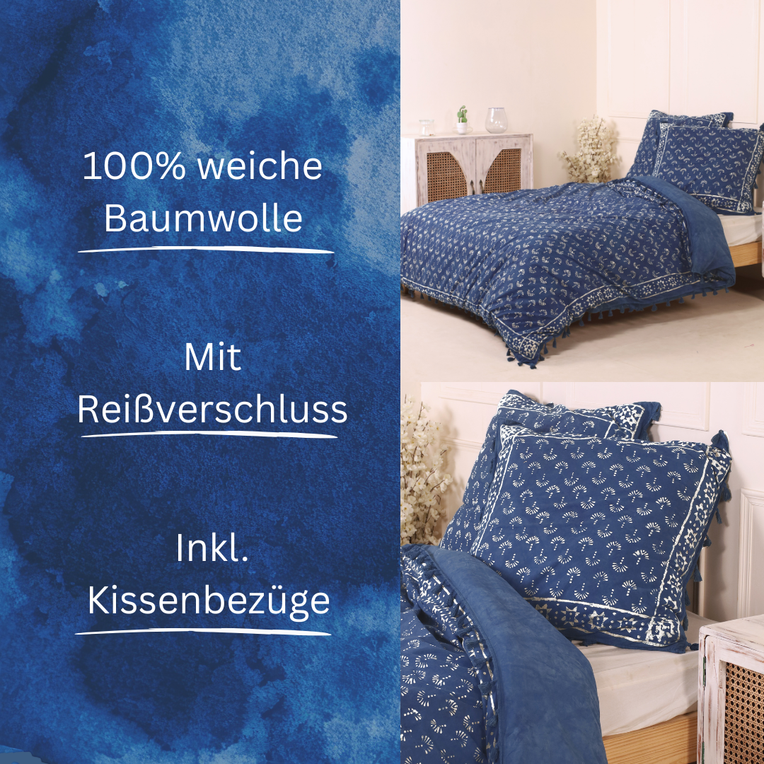 Bettwäsche Indigo Blockdruck Pfauenfeder