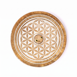 Räucherstäbchen und Räucherkegel Halter aus Holz: Blume des Lebens