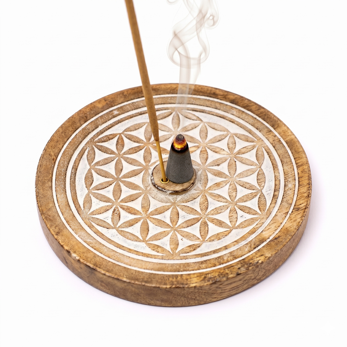 Räucherstäbchen und Räucherkegel Halter aus Holz: Blume des Lebens