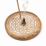 Räucherstäbchen und Räucherkegel Halter aus Holz: Blume des Lebens