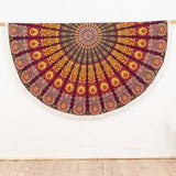 Rundes Mandala Tuch Pfauenfeder rot grün gelb - ca. 185 cm