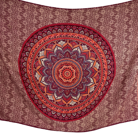 Sarong Ombre Mandala Dunkelrot Orange Blau – dünnes Strandtuch aus Viskose im Boho Stil