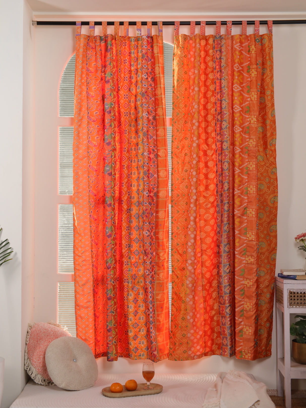 Sari Vorhang orange indische Patchwork Vorhänge aus recycelten Sarees