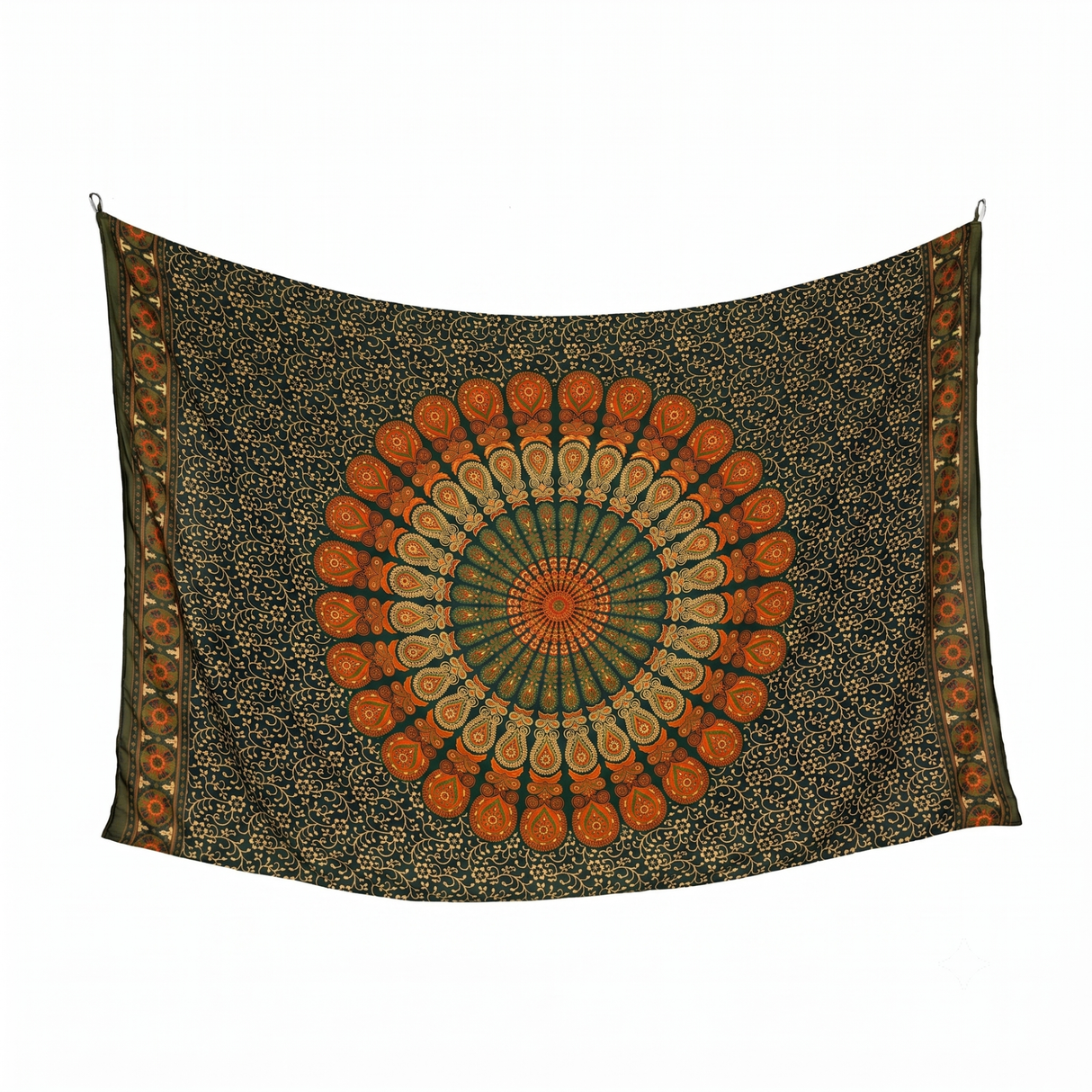 Sarong Pfauenfeder Mandala grün orange – dünnes Strandtuch aus Viskose im Boho Stil