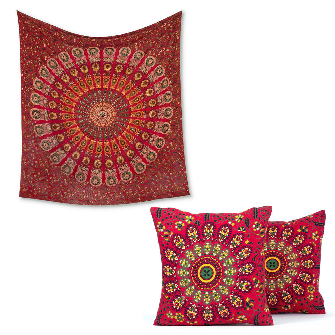 Produkt-Set Wandtuch und Kissen Pfauenfeder Mandala rot weiß