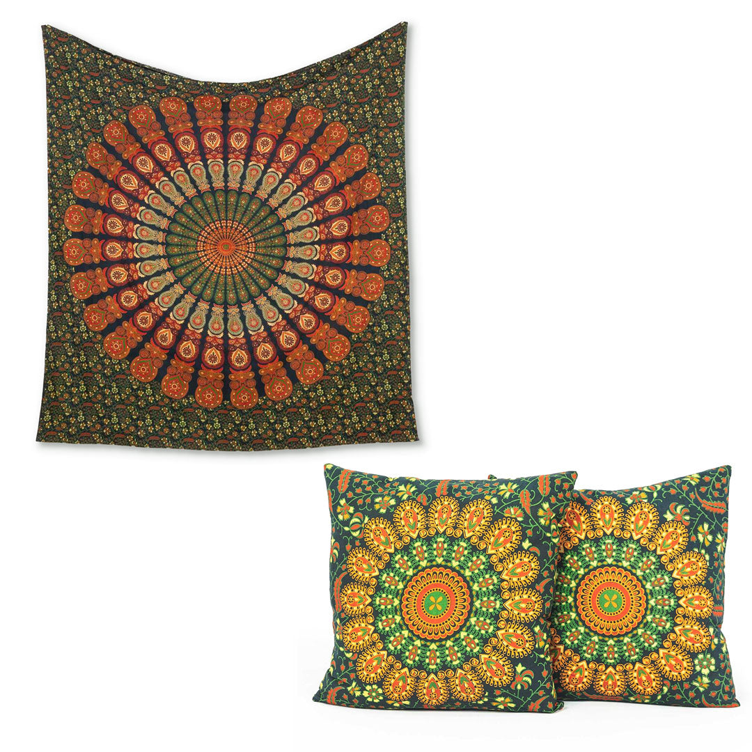 Produkt-Set Wandtuch und Kissen Pfauenfeder Mandala grün orange