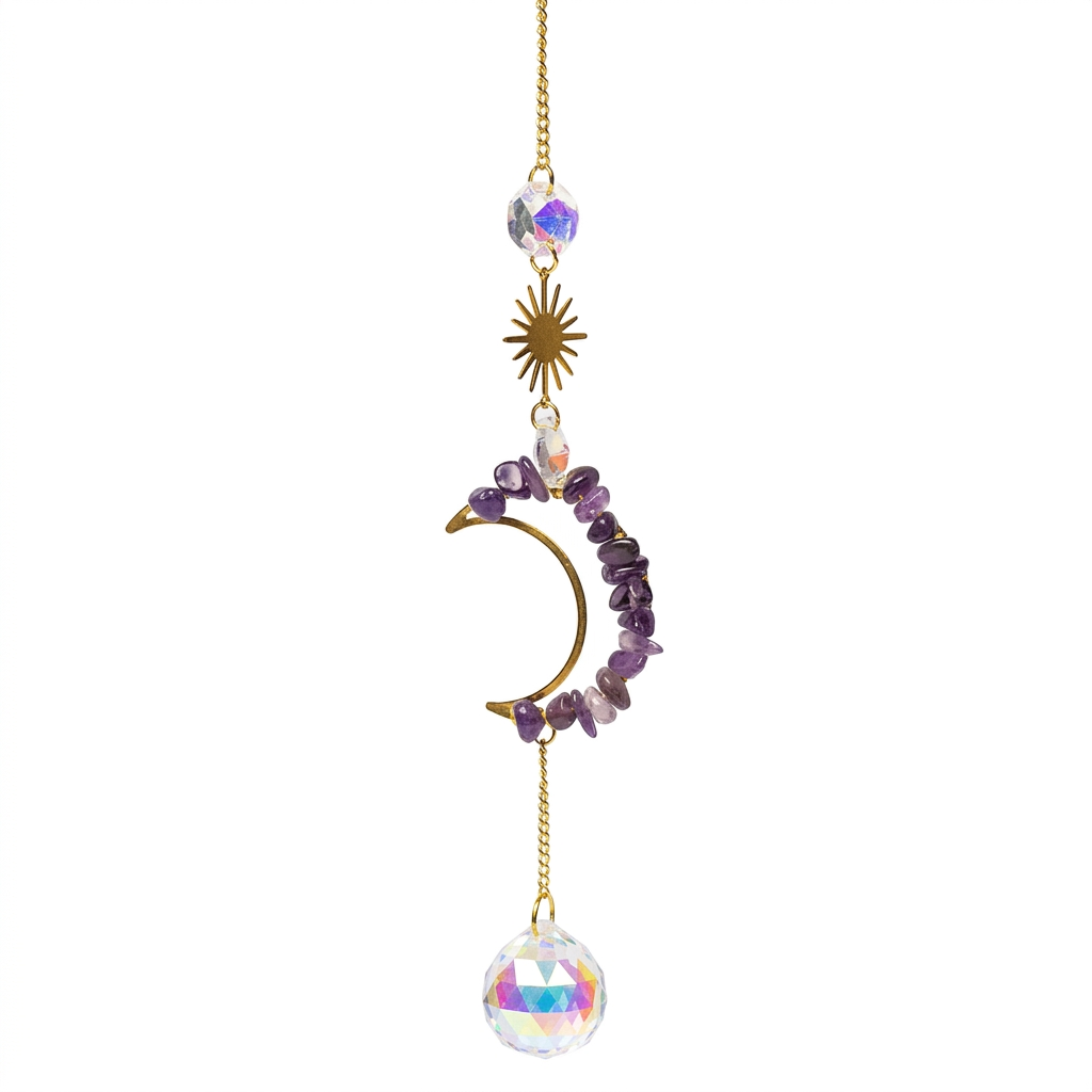 Sonnenfänger Amethyst Mondsichel 30 cm: zartes Regenbogenlicht für Abendruhe und Herzenswärme