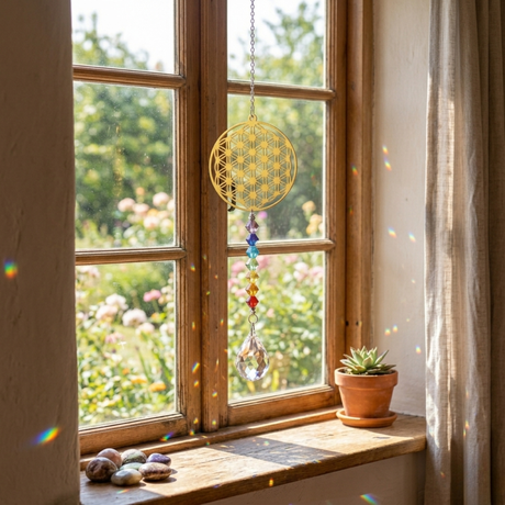 Sonnenfänger mit Chakrakette &amp; Blume des Lebens: Lichtspiel für deine Räume