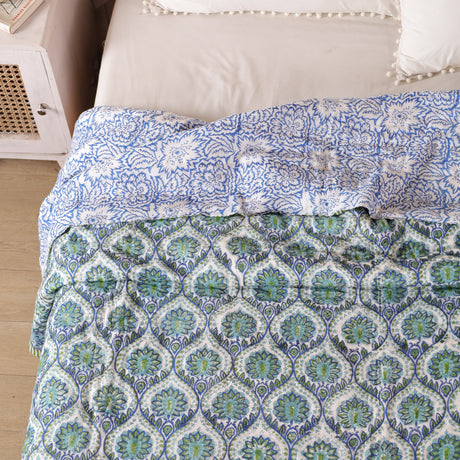 Steppdecke Blockdruck Mosaik Blau Grün 270 x 240 cm