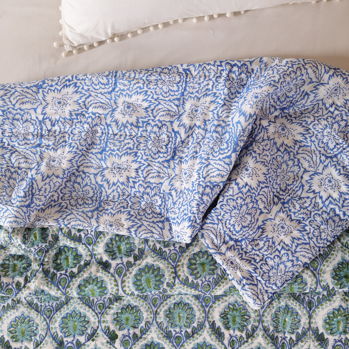 Steppdecke Blockdruck Mosaik Blau Grün 270 x 240 cm