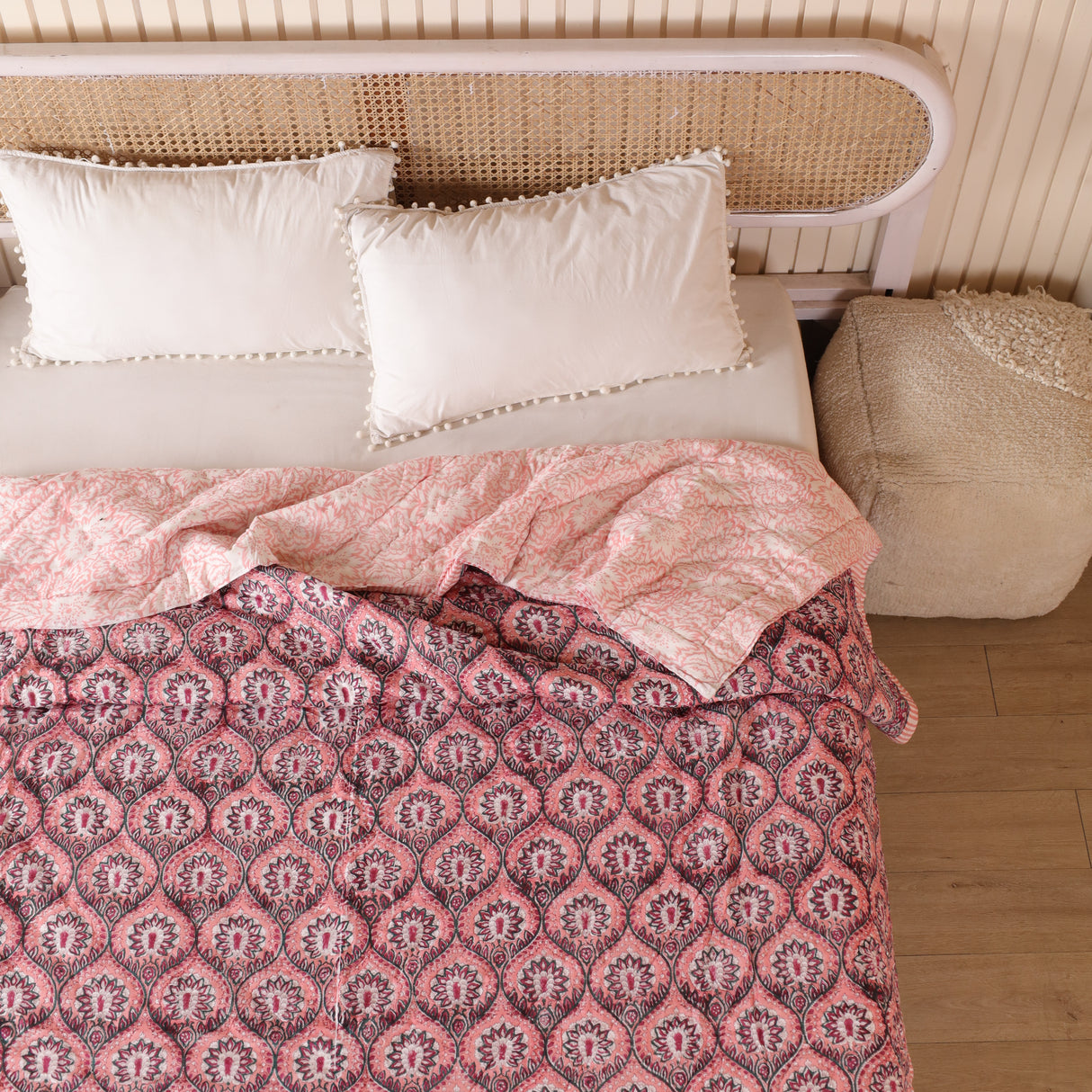 Steppdecke Blockdruck Mosaik Rosa 270 x 240 cm