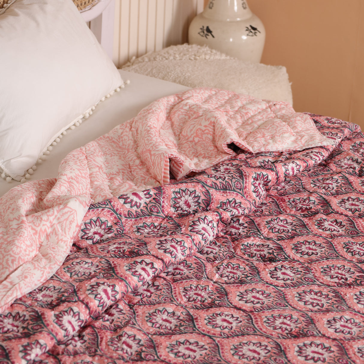 Steppdecke Blockdruck Mosaik Rosa 270 x 240 cm