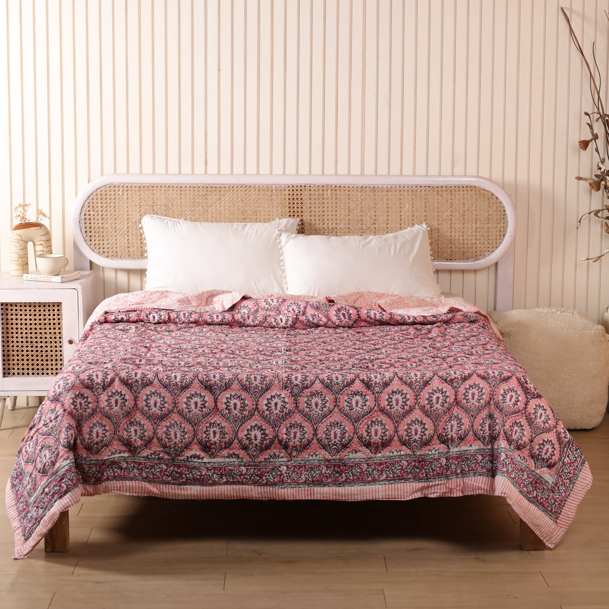 Steppdecke Blockdruck Mosaik Rosa 270 x 240 cm
