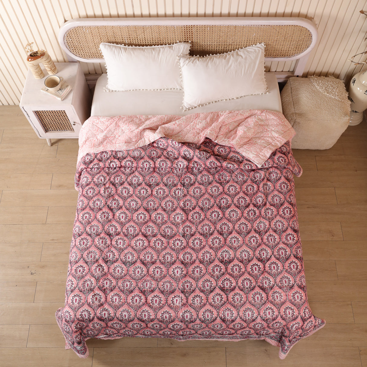 Steppdecke Blockdruck Mosaik Rosa 270 x 240 cm