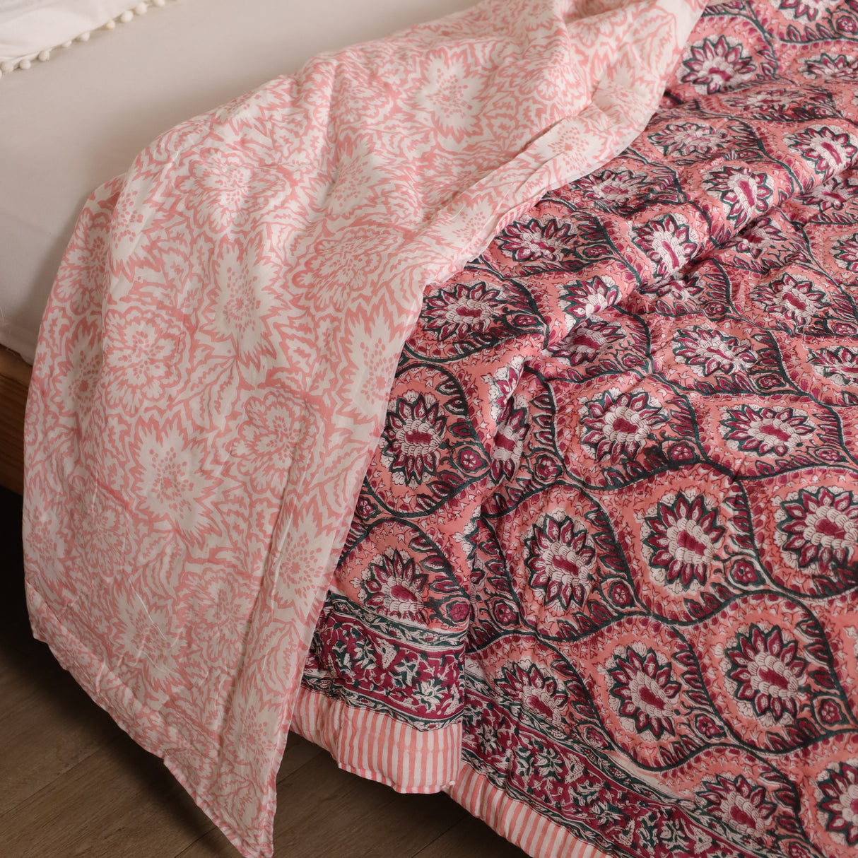 Steppdecke Blockdruck Mosaik Rosa 270 x 240 cm