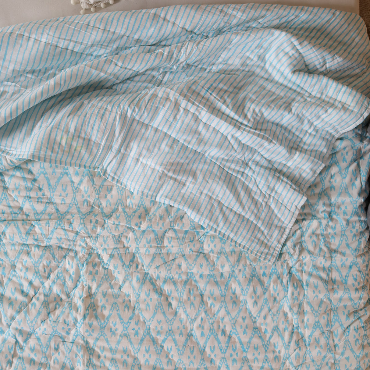 Steppdecke Blockdruck Mosaik Türkis 270 x 240 cm