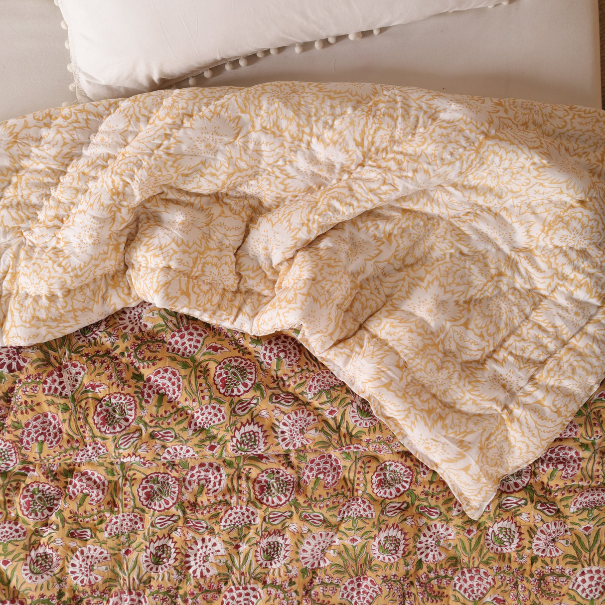 Steppdecke Blockdruck Ranke Gelb 270 x 240 cm