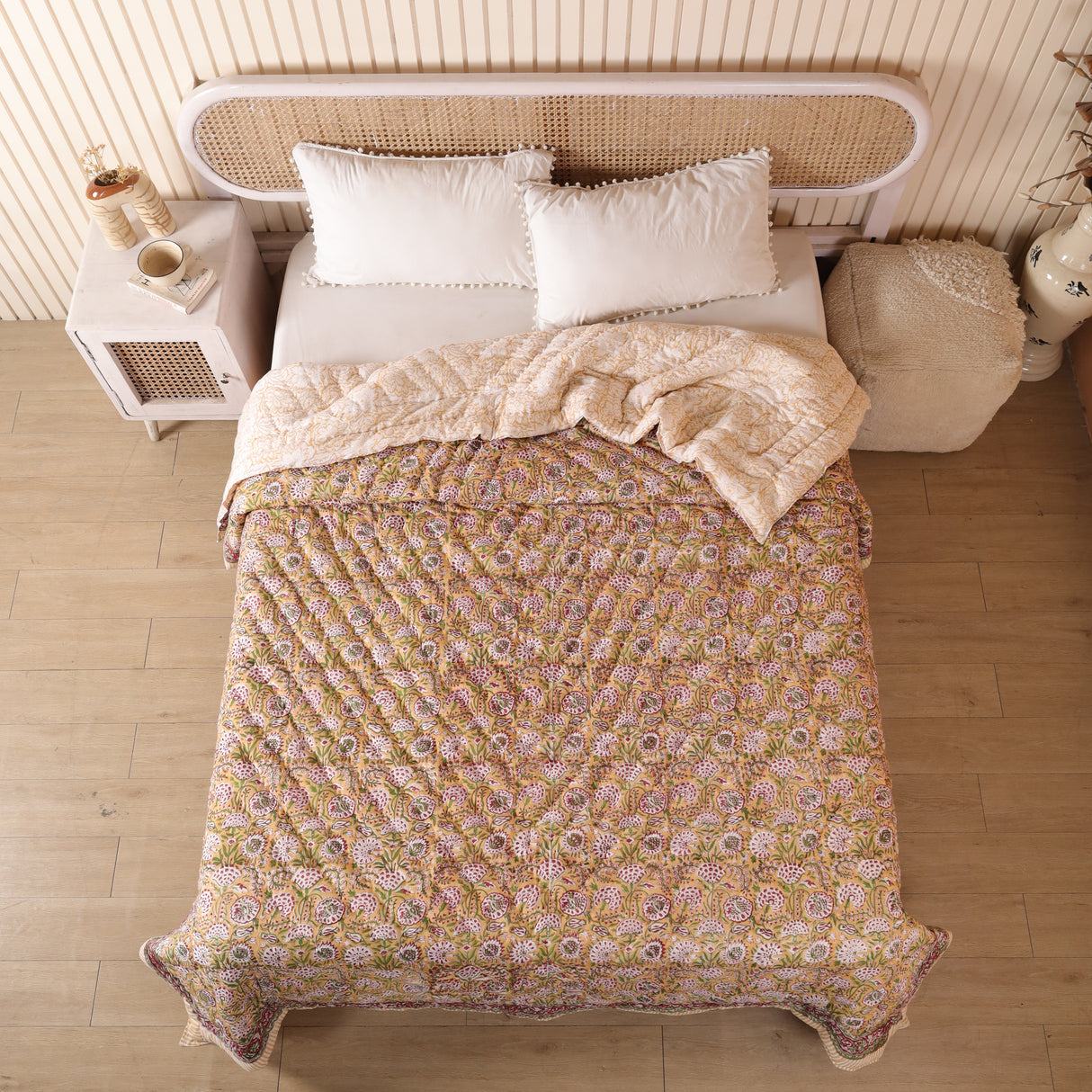 Steppdecke Blockdruck Ranke Gelb 270 x 240 cm