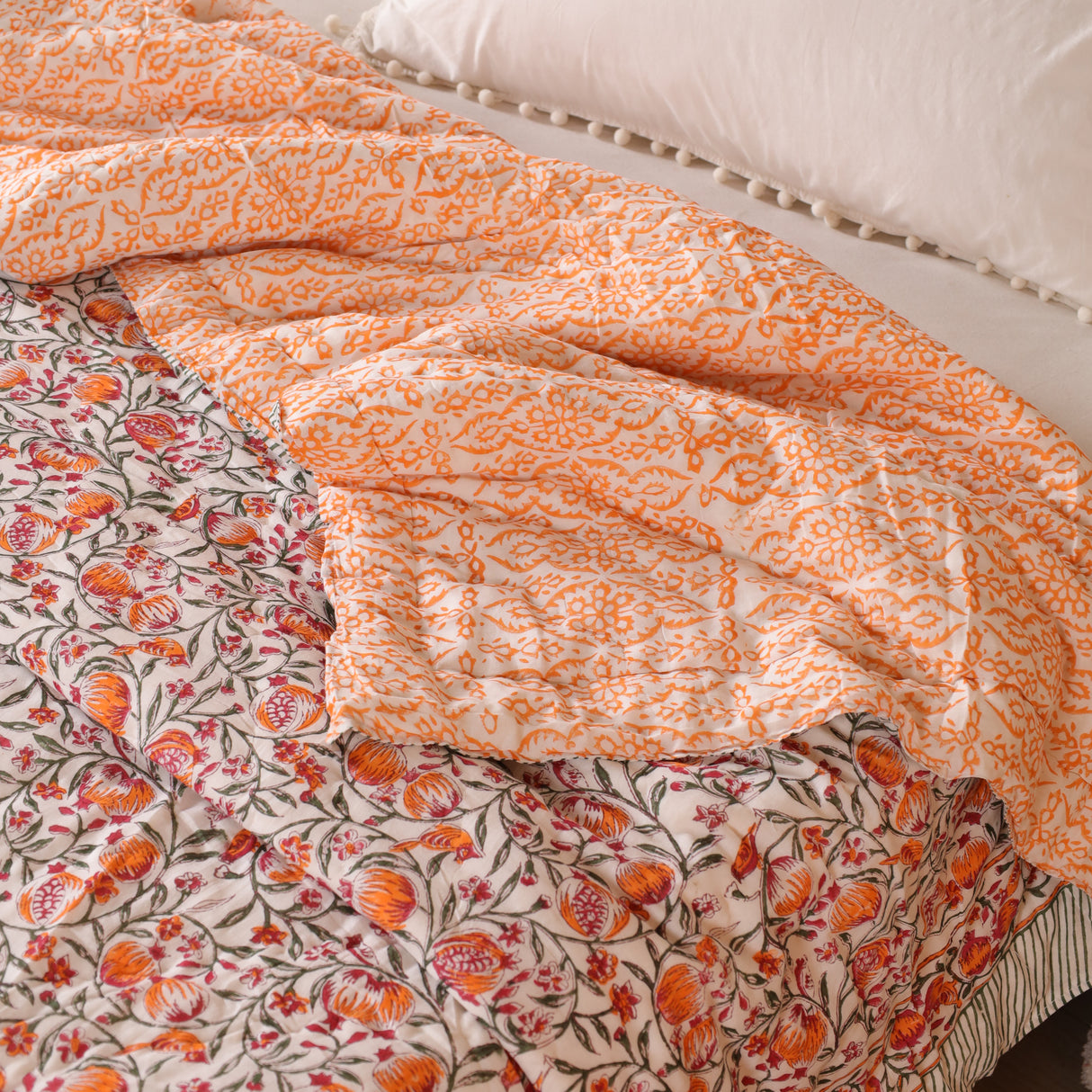 Steppdecke Blockdruck Ranke Grün Orange 270 x 240 cm