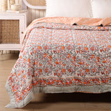 Steppdecke Blockdruck Ranke Grün Orange 270 x 240 cm