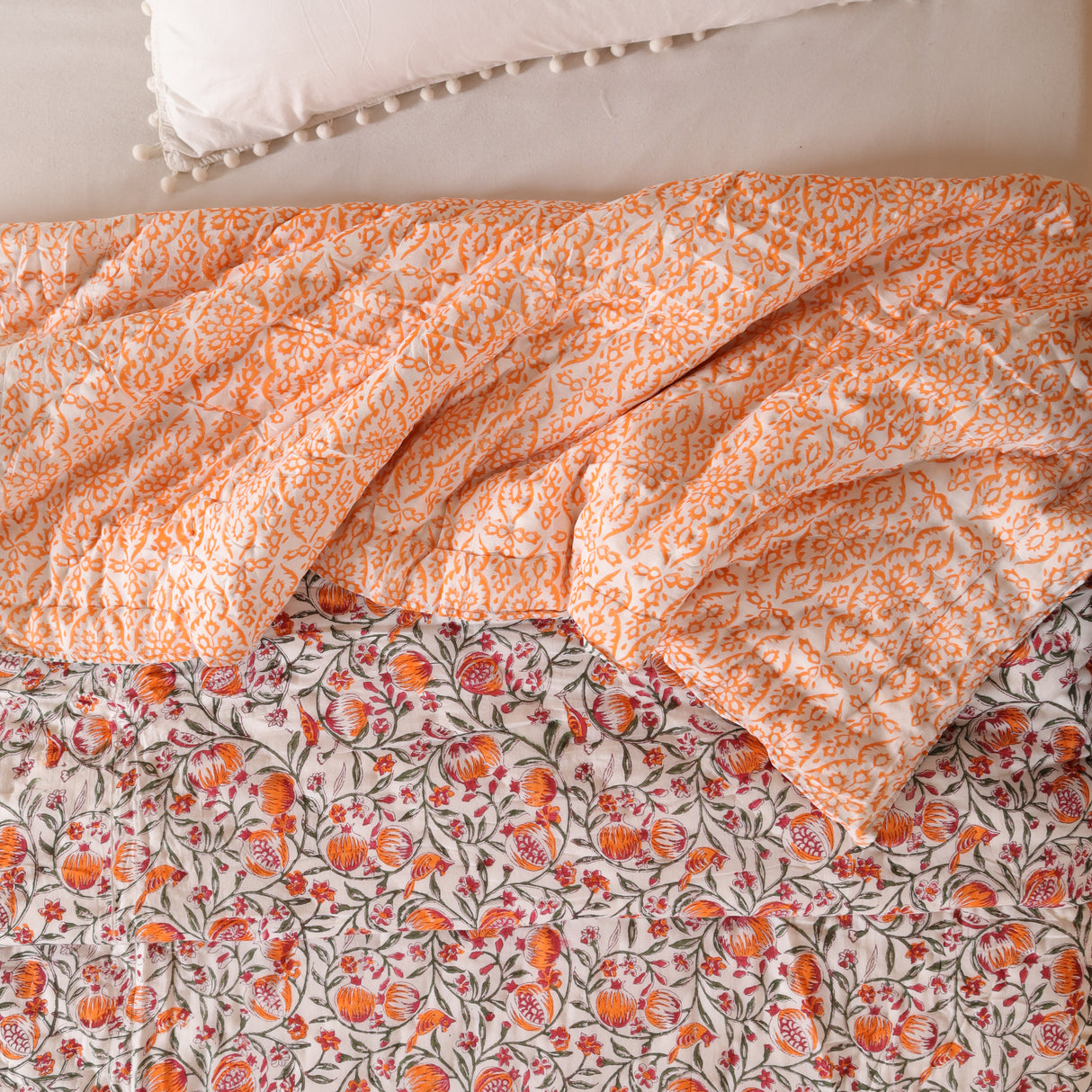 Steppdecke Blockdruck Ranke Grün Orange 270 x 240 cm