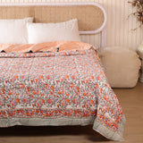 Steppdecke Blockdruck Ranke Grün Orange 270 x 240 cm