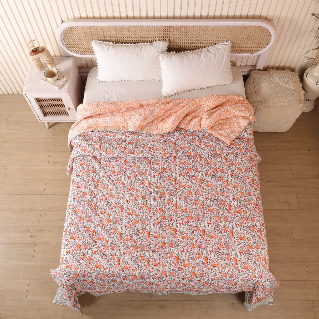 Steppdecke Blockdruck Ranke Grün Orange 270 x 240 cm