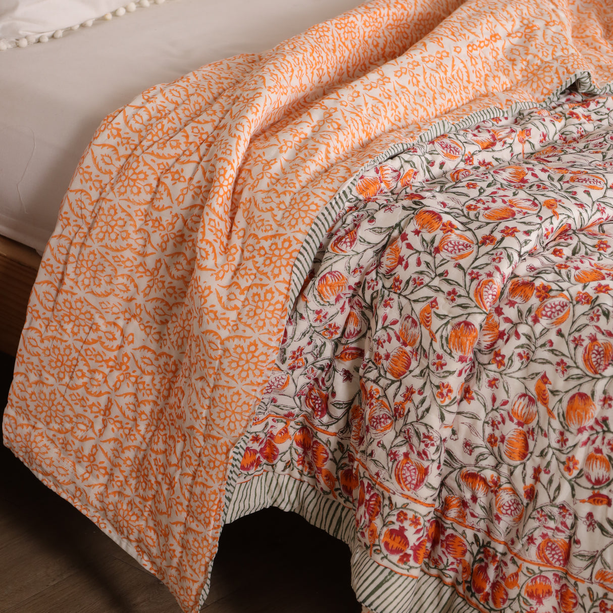 Steppdecke Blockdruck Ranke Grün Orange 270 x 240 cm