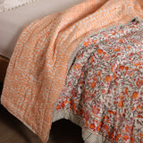 Steppdecke Blockdruck Ranke Grün Orange 270 x 240 cm