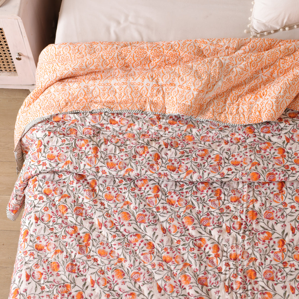 Steppdecke Blockdruck Ranke Grün Orange 270 x 240 cm