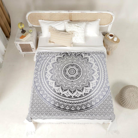 Tagesdecke Bettüberwurf 2x2m Mandala schwarz grau 100% Baumwolle, indisches Muster orientalisches Design