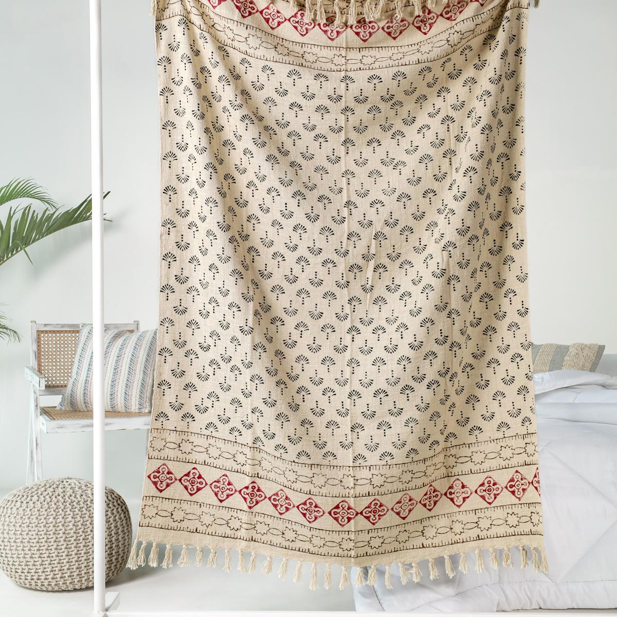 Blockdruck Tagesdecke Chittorgarh - schwarz rot weiß