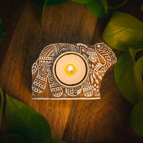 Teelichthalter Holz Elefant | Indischer Blockdruck Stempel